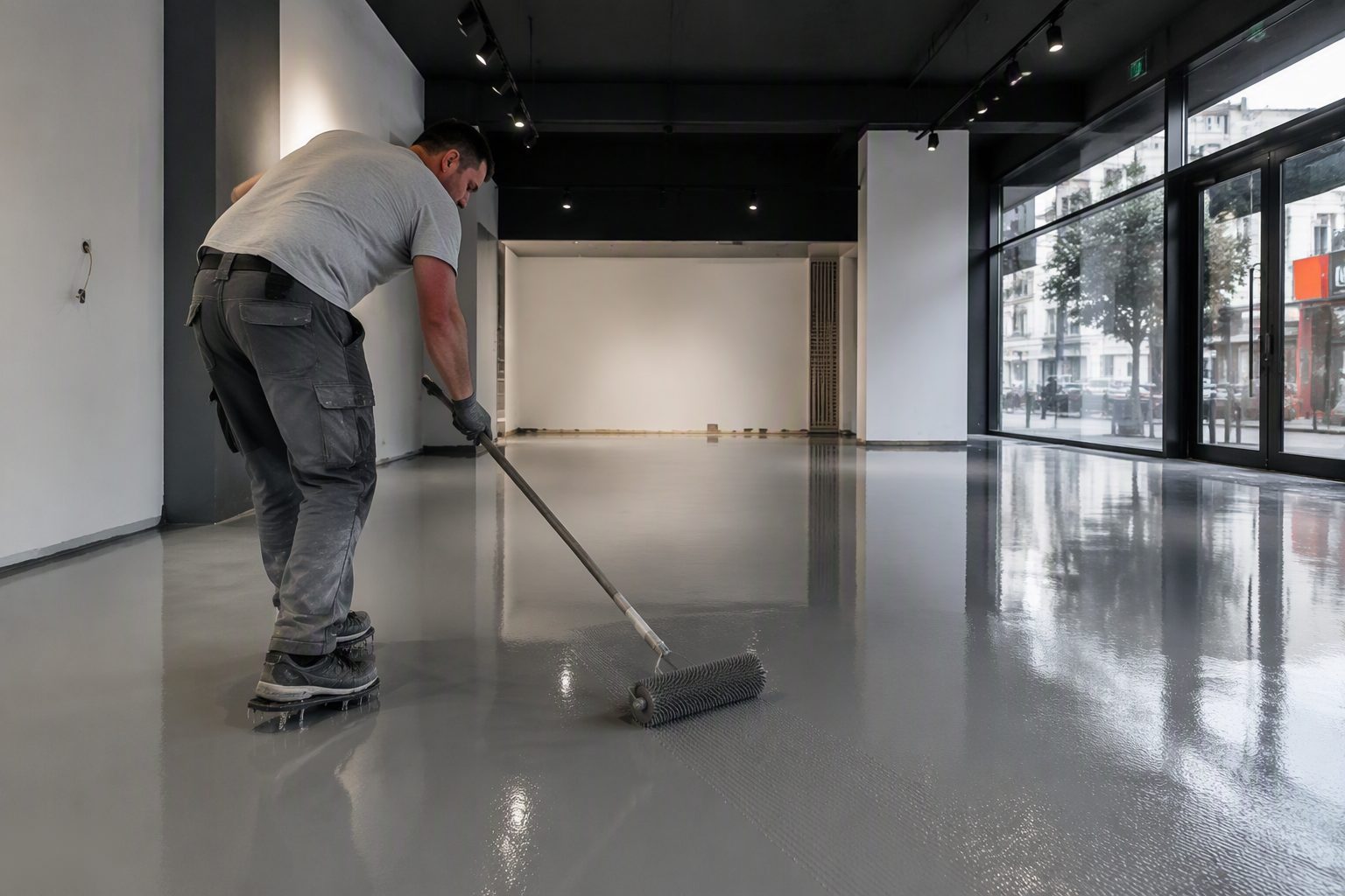Vakman rolt een metallic epoxyvloer glad met een stekelroller in een winkelruimte