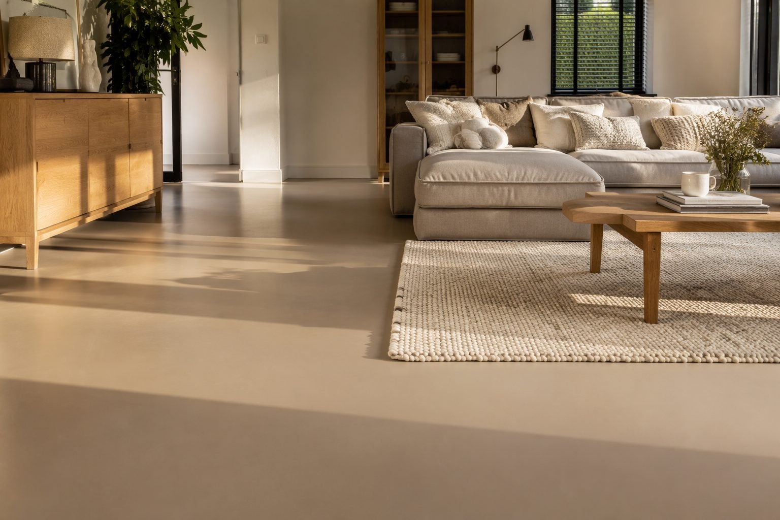 Woonkamer met matte PU-gietvloer